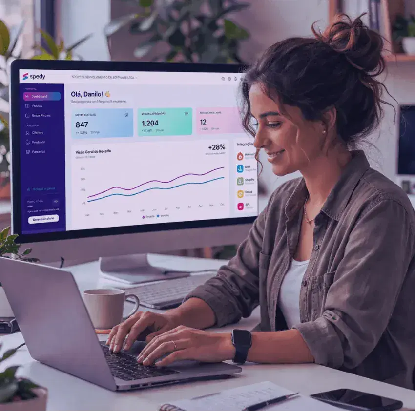 Empreendedora usando o dashboard da Spedy para emissão automática de nota fiscal